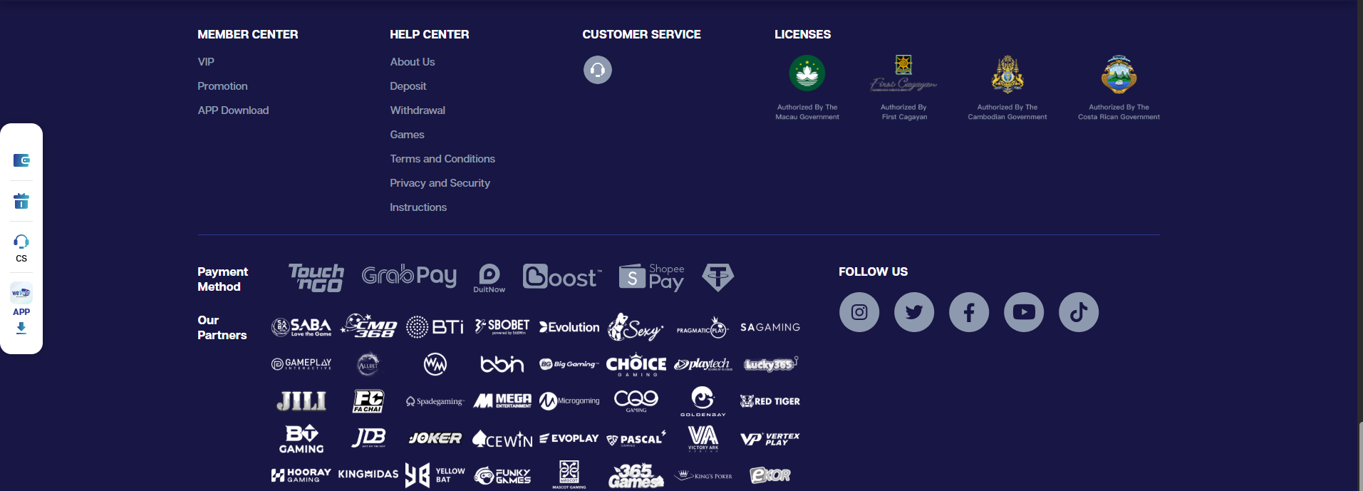 We1Win footer with member, help, payment and game provider information